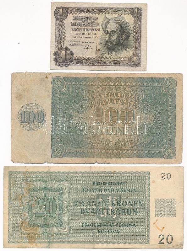 Horvátország 1941. 100K + Német Harmadik Birodalom / Cseh-Morva Protektorátus 1944. 20K + Spanyolország 1951. 1P T:III,III- folt, szakadás Croatia 1941. 100 Kuna + German Third Reich / Protectorate of Bohemia and Moravia 1944. 20 Korun + - Image 2