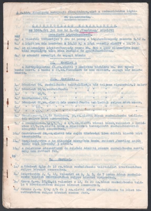 1944 Budapest elleni légitámadás utáni rendőrségi kárjelentés. Gépelt irat 16 p