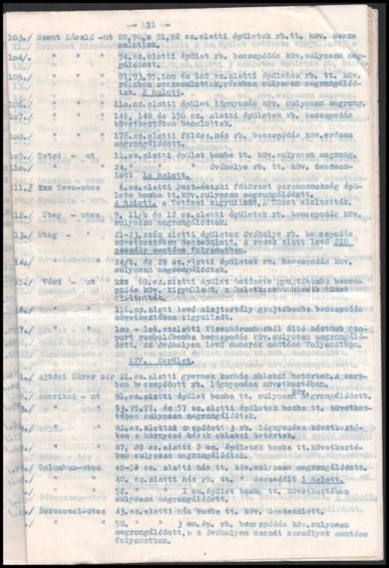 1944 Budapest elleni légitámadás utáni rendőrségi kárjelentés. Gépelt irat 16 p - Image 2