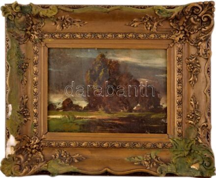 Kopeczky Raoul (?-?), működött a XX. sz. első felében: Borús táj. Olaj, karton. Dekoratív, sérült fakeretben. 26x35,5 cm