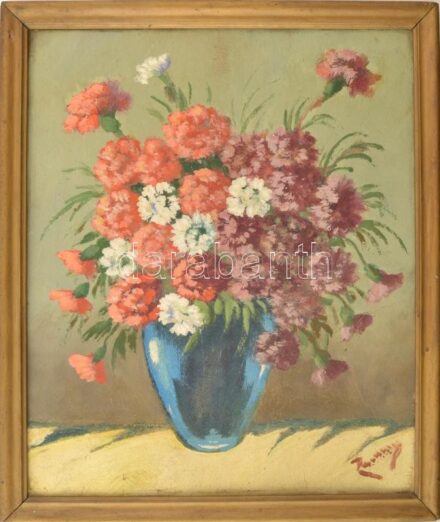 Azonosítatlan jelzéssel: Virág csendélet. Olaj, karton. Fa keretben. 44x37 cm