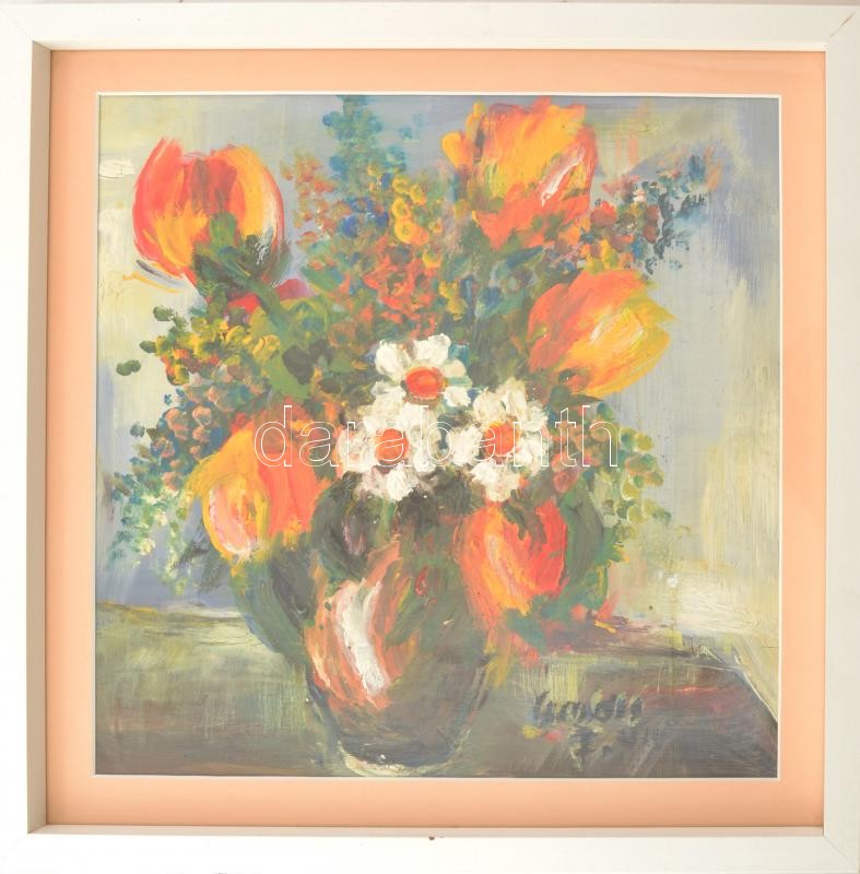 Csendes Ferenc: Virág csendélet. Olaj, karton. Jelzett, üvegezett keretben 42x42 cm