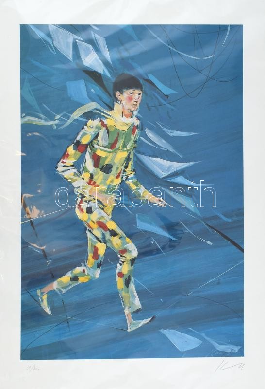 Kass János (1927-2010): Bohóc, 1992. Ofszet nyomat, papír, jelzett. Számozott: 37/300. Lap széle kissé sérült. 56,5x38 cm.