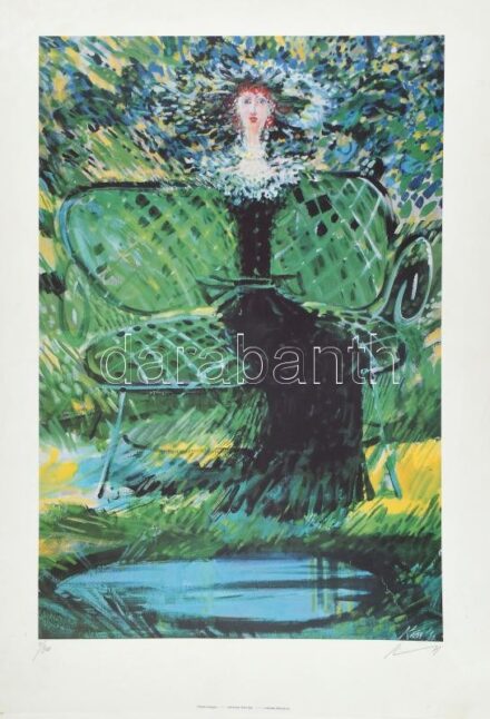 Kass János (1927-2010): Green lady, 1992. Ofszet nyomat, papír, jelzett. Számozott: 2/300. Törésnyommal, Lapszéli kissé sérült. Kartonra kasírozva. 56,5x38 cm.