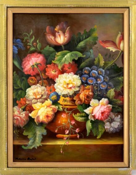 M.... Antal jelzéssel: Virágcsendélet. Olaj, vászon, keretben, 60x45 cm