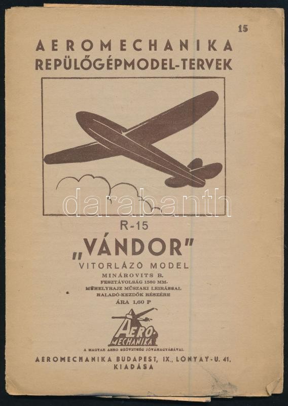 cca 1930 Aeromechanika repülőgép modell tervek. R-15 Vándor Vitorlázó modell Minárovits B. Nagy méretű tervrajz, karton borítóval
