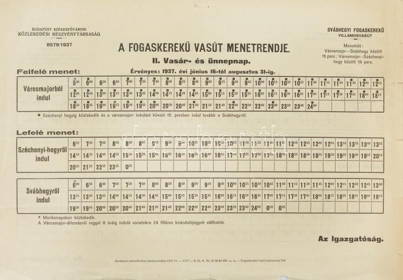 1937 A Fogaskerekű vasút menetrend táblája. 36x24 cm - Image 2