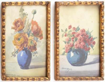Humayer Oszkár (?-?), működött a XX. sz. elején: 2 db csendélet. Akvarell, papír. Jelzett. Üvegezett fakeretben. 16x11cm