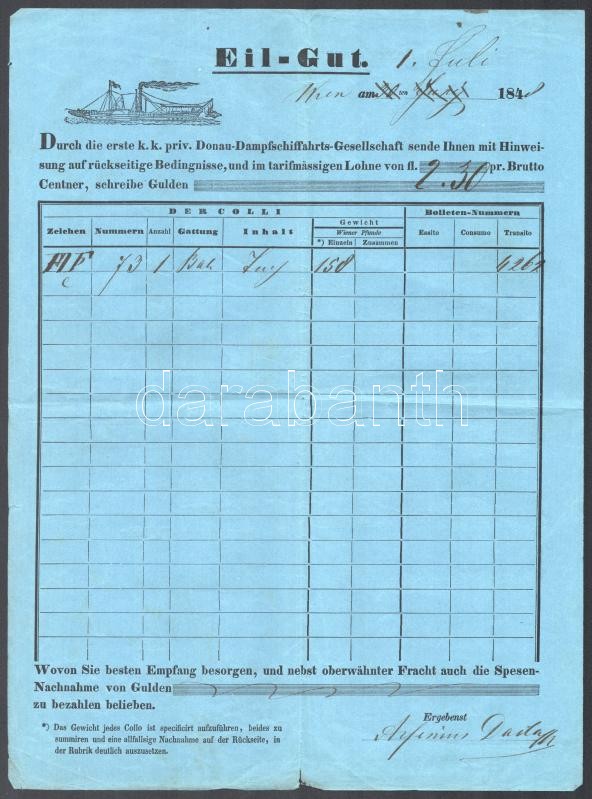 1848 DDSG Hajós fuvarlevél Bécsből / DDSG ship bill of freight