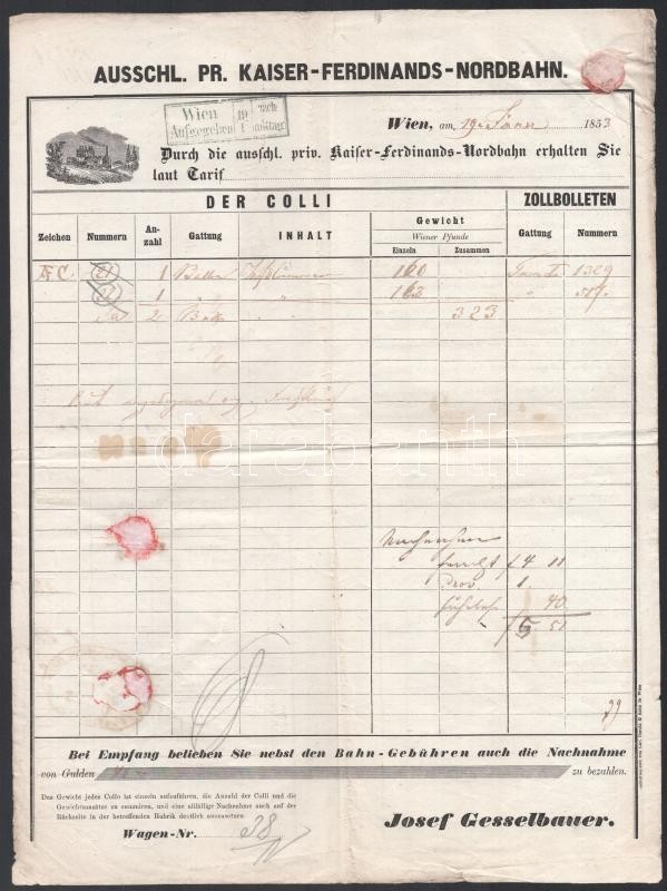 1853 Ferdinánd Északi Vasút fuvarlevél / North railways bill of freight