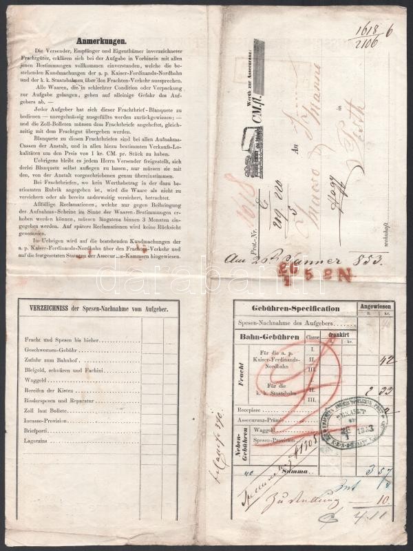1853 Ferdinánd Északi Vasút fuvarlevél / North railways bill of freight - Image 2