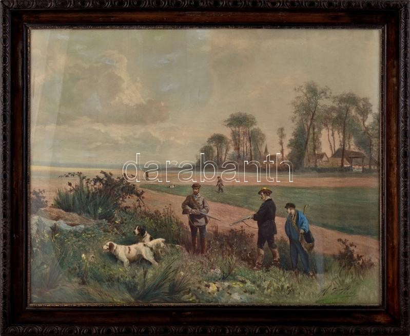 Dekoratív, üvegezett fakeret vadászat témájú nyomattal, hátoldalán M. Knoedler felragasztott címkével, belső méret: 47x62,5 cm.