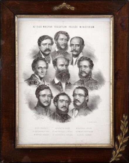 Szamossy Elek (1826-1888) rajza után: Az első magyar független felelős ministerium. Litográfia, papír, jelzett a litográfián. Ny. Walzel A. Pesten. Sérült. Dekoratív, üvegezett, levélformájú fém applikációkkal díszített, kissé