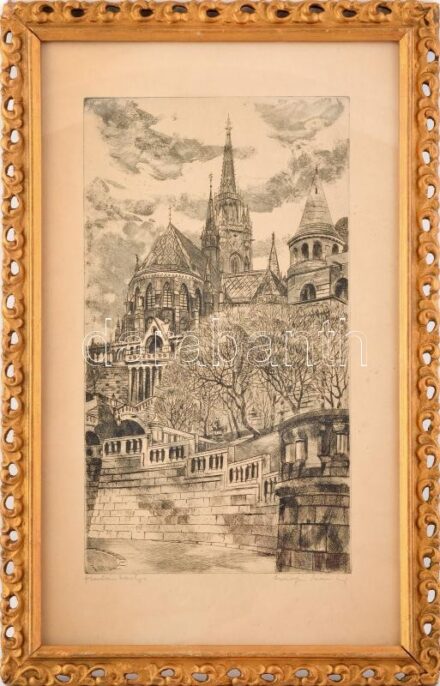 Csurgói Máté Lajos (1931-2001): Halászbástya. Rézkarc, papír, jelzett. Dekoratív, üvegezett fakeretben, 39×22 cm