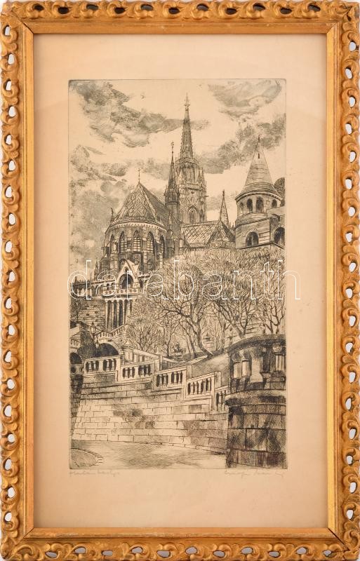 Csurgói Máté Lajos (1931-2001): Halászbástya. Rézkarc, papír, jelzett. Dekoratív, üvegezett fakeretben, 39×22 cm