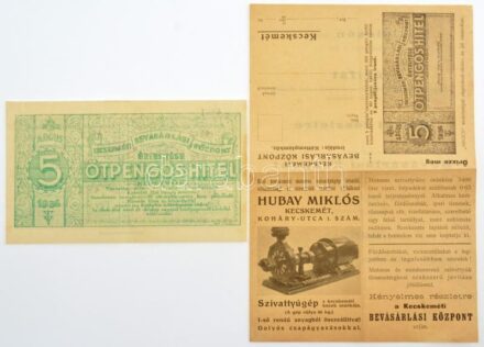 1936. Kecskeméti Bevásárlási Központ értesítése 5P hitel keretről, zöld színben, hátoldalán bélyegzéssel + sorszámozott nyomtatvány a hitelkeretről T:II,III egyiken kis szakadás / Hungary 1936. Announcement of the Kecskeméti