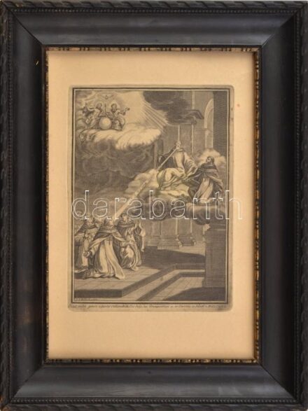 Antik egyházi témájú metszet (Licut modo geniti infantes rationabile...). Rézmetszet, papír, jelzett a metszeten. Üvegezett fakeretben, 18x13 cm