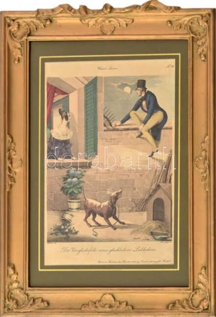 Andreas Geiger (1765-1856) metszése, Johann Christian Schoeller (1782-1851) után: Szerelmesek (Die Unglücksfälle eines glücklichen Liebhabers) A bécsi Theaterzeitungból, Wiener Scene No. 16. Színezett rézmetszet, papír, jelzett a