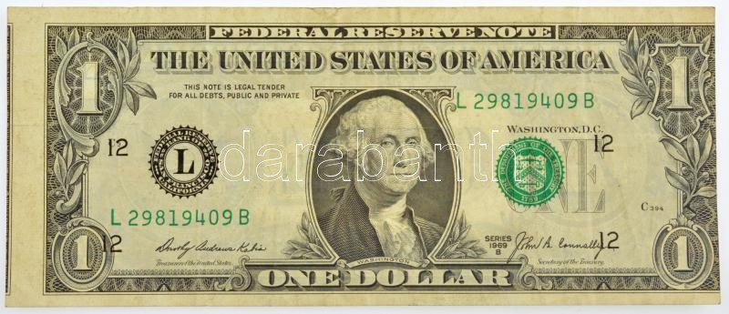 Amerikai Egyesült Államok 1971. (1969B) 1$ látványosan eltolódott nyomathibával. 'John Connally - Dorothy Andrews Elston' aláírásokkal, rendkívül rövid ideig 4 hónap 20 napig voltak egyszerre hivatalban! T:III / USA 1971. (1969B) 1