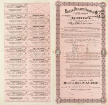 Budapest 1929. 'Magyar-Olasz Bank Részvénytársaság' 5db közösségi kötvénye egyben összesen 500$-ról, olasz nyelven, bélyegzésekkel, szelvényekkel T:III szakadások, apró lyukak / Hungary / Budapest 1929. 'Hungarian-Italian Bank Share