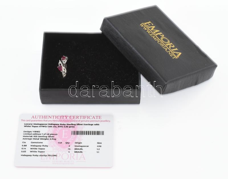 Ezüst (Ag) fülbevaló 0,88ct rubinnal, 0,64 ct fehér topázzal 2,94 g Tanúsítvánnyal - Image 4