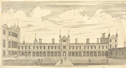 Winstanley, Henry (1644-1703): The prospect of the south side of the great court (Winstanlex háza Littleburyben, Essex). Rézmetszet, papír, jelzett a metszeten. Sérült. 25,5x47 cm