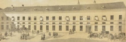 cca 1820-50 Reformkori utcarészlet emberekkel, kocsikkal, beazonosítandó helyszínen. Litográfia, papír, jelzés nélkül, körbevágva, 24x41,5 cm