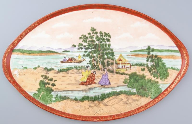 Japán mintás porcelán tál. Kézzel festett, jelzett, hibátlan. 45x30 cm