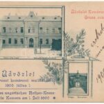 1900 Komárom, Komárnó; Római katolikus iskola, várkapu. Spitzer Sándor kiadása + 'Üdvözlet a Vöröskereszt komáromi mulatságáról 1900. június 1.' / school, castle gate. Art Nouveau, floral (EK)