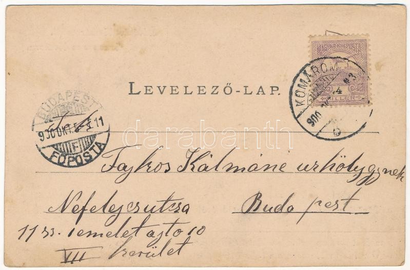 1900 Komárom, Komárnó; Római katolikus iskola, várkapu. Spitzer Sándor kiadása + 'Üdvözlet a Vöröskereszt komáromi mulatságáról 1900. június 1.' / school, castle gate. Art Nouveau, floral (EK) - Image 2