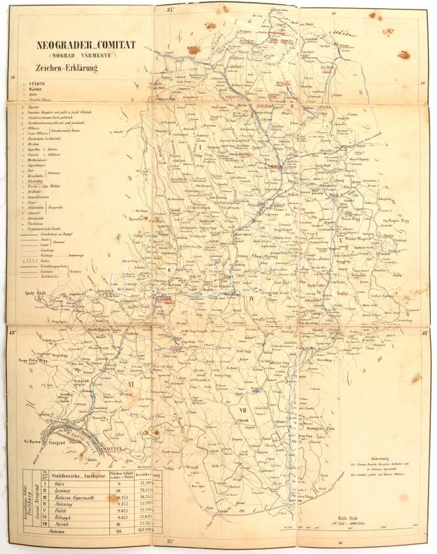 cca 1860 Nógrád vármegye térképe. Rézmetszet vászonra kasírozva 32x42 cm