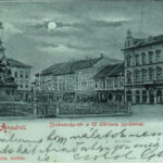 1899 (Vorläufer) Arad, Szabadság tér, 13 vértanu szobor, este, Fiume kávéház, Derestye Gyula, Farber Lajos, Hubert és Rosenberg üzlete. Boch H. nyomda kiadása / martyrs' statue, square, night, shops, cafe (fl)