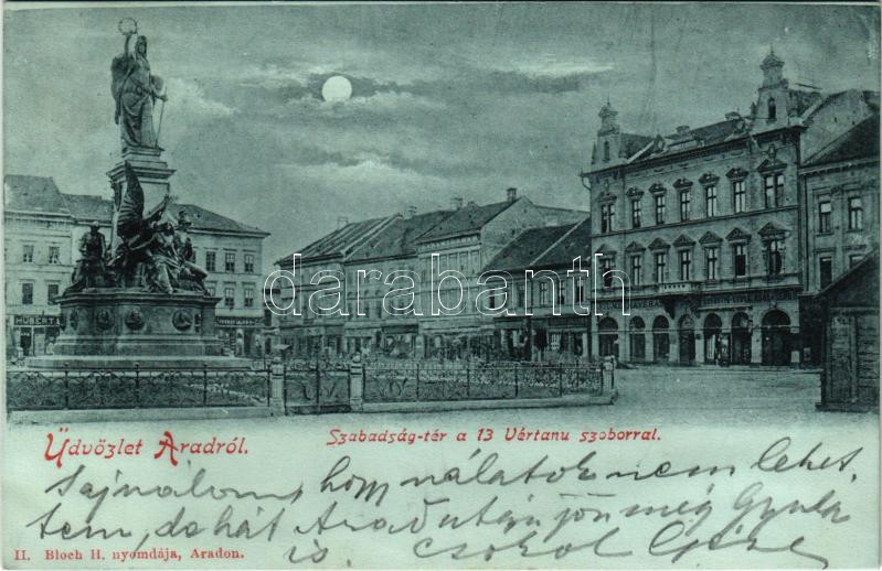 1899 (Vorläufer) Arad, Szabadság tér, 13 vértanu szobor, este, Fiume kávéház, Derestye Gyula, Farber Lajos, Hubert és Rosenberg üzlete. Boch H. nyomda kiadása / martyrs' statue, square, night, shops, cafe (fl)