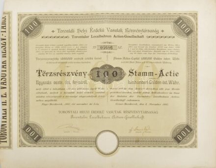 Nagybecskerek 1887. 'Torontáli Helyi Érdekű Vasutak Részvénytársaság' törzsrészvénye 100Ft-ról szárazpecséttel T:II- / Hungary / Nagybecskerek 1887. 'Local Interest Railway Share Company of Torontal' share about 100 Forint with