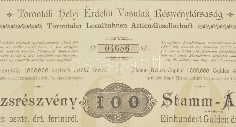 Nagybecskerek 1887. 'Torontáli Helyi Érdekű Vasutak Részvénytársaság' törzsrészvénye 100Ft-ról szárazpecséttel T:II- / Hungary / Nagybecskerek 1887. 'Local Interest Railway Share Company of Torontal' share about 100 Forint with - Image 2