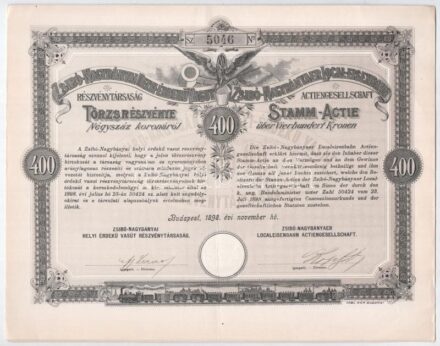 Budapest 1898. 'Zsibó-Nagybányai Helyi-Érdekű Vasut Részvénytársaság' törzsrészvénye 400K-ról szárazpecséttel, szelvényekkel T:II- / Hungary / Budapest 1898. 'Local Interest Railway Share Company of Zsibó-Nagybánya' share about 400