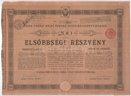 Budapest 1893. 'Kassa-Tornai Helyi Érdekű Vasut-Részvénytársaság' elsőbbségi részvény 200K-ról szárazpecséttel, bélyegzésekkel T:III restaurált, szakadások / Hungary / Budapest 1893. 'Kassa-Tornai Helyi Érdekű