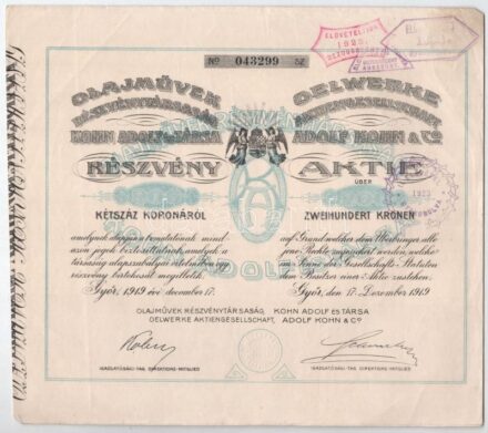 Győr 1919. 'Olajművek Részvénytársaság Kohn Adolf és Társa' részvény 200K-ról szárazpecséttel, bélyegzésekkel T:III / Hungary / Győr 1919. 'Oil Works Share Company of Adolf Kohn and Co.' share about 200 Korona with embossed stamp