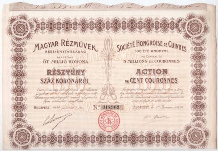 Budapest 1909. 'Magyar Rézművek Részvénytársaság' részvénye magyar és francia nyelven, 100K-ról, szelvényekkel T:II-,III tűnyom / Hungary / Budapest 1909. 'Hungarian Copper Works Share Company' share In Hungarian and French, about 100