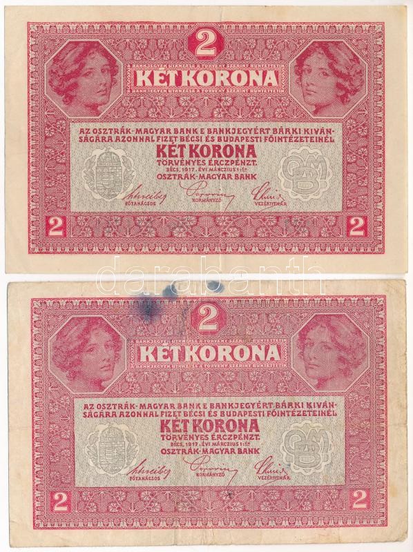 1917. 2K (2xklf) az egyik zöld 'DEUTSCHÖSTERREICH' felülbélyegzéssel T:III,III- az egyik szép papír, a másikon folt Adamo K6 - Image 2