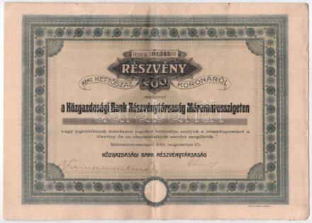 Máramarossziget 1911. 'Közgazdasági Bank Részvénytársaság Máramarosszigeten' részvénye 200K-ról, szelvényekkel, szárazpecséttel T:II- kis ragasztás / Máramarossziget 1911. 'Economic Bank Share Company Máramarossziget' share about