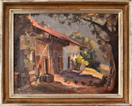 Olvashatatlan jelzéssel: Napos udvar, 1945. Olaj, fa. Dekoratív, kissé sérült fakeretben, hátoldalán Géberth képkeretező korabeli címkéjével. 29x37 cm