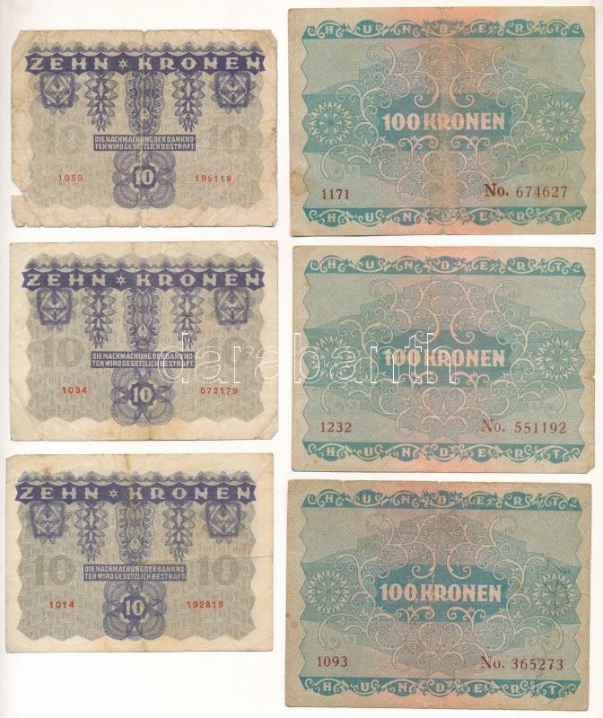 Ausztria 1922. 10K (3x) + 20K + 100K (4x) + 1000K T:III,III- Austria 1922. 10 Kronen (3x) + 20 Kronen + 100 Kronen (4x) + 1000 Kronen C:F,VG - Image 2