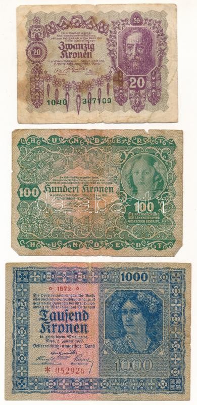 Ausztria 1922. 10K (3x) + 20K + 100K (4x) + 1000K T:III,III- Austria 1922. 10 Kronen (3x) + 20 Kronen + 100 Kronen (4x) + 1000 Kronen C:F,VG - Image 3