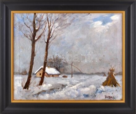 Börtsök S jelzéssel: Havas táj. Olaj, vászon. Dekoratív fakeretben. 47×59,5 cm