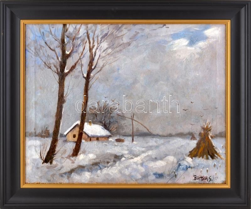 Börtsök S jelzéssel: Havas táj. Olaj, vászon. Dekoratív fakeretben. 47×59,5 cm