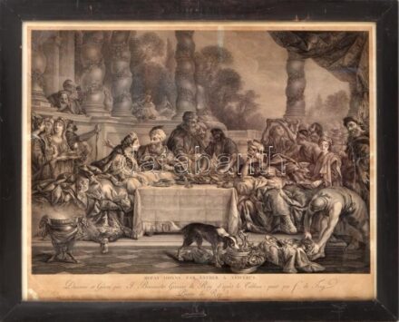 Jean-François de Troy (1679-1752) után, Jacques-Firmin Beauvarlet (1731-1797) metszése: Eszter és Ahasvérus (Repas donné par Esther a Assuérus). Rézmetszet, papír. Jelzett a metszeten. Hátoldalán Szépművészeti Múzeum 694/79 sz.