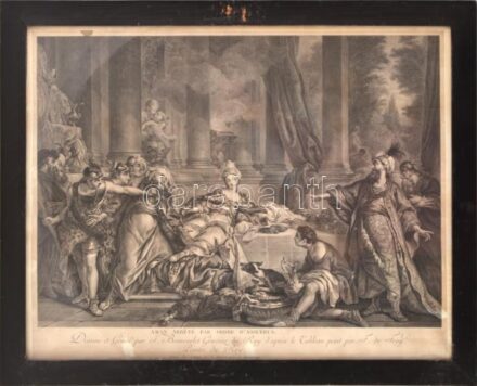 Jean-François de Troy (1679-1752) után, Jacques-Firmin Beauvarlet (1731-1797) metszése: Hámánt elfogják Ahasvérus parancsára (Aman arrete par ordre D'Assuérus). Rézmetszet, papír. Jelzett a metszeten. Hátoldalán Szépművészeti
