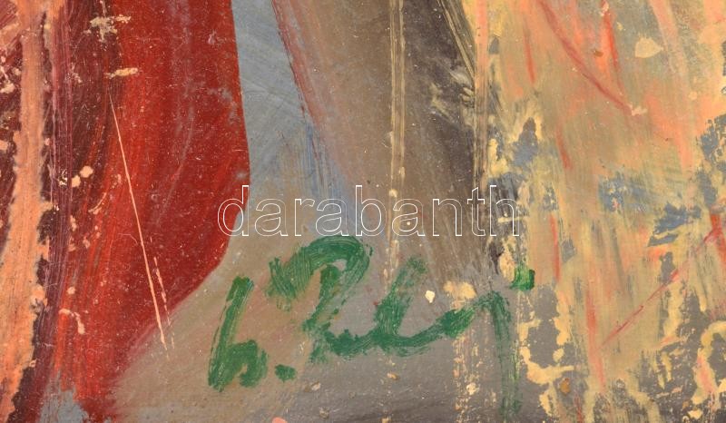 Cs. Pataj Mihály (1921-2008): Szövőnő. Olaj, farost, jelzett, hátoldalán autográf felirattal, fakeretben, 80×45 cm - Image 2