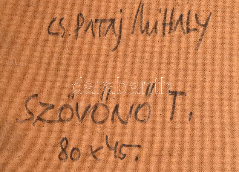 Cs. Pataj Mihály (1921-2008): Szövőnő. Olaj, farost, jelzett, hátoldalán autográf felirattal, fakeretben, 80×45 cm - Image 3